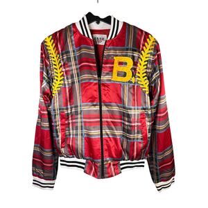 BASE. red plaid bomber jacket with yellow baseball-themed embellishments Size M